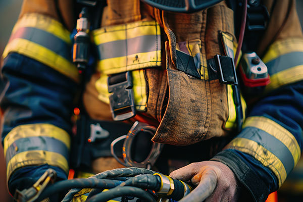 Firefighter holding equipment in turnout gear