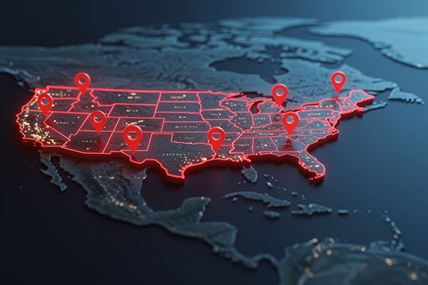 United States map with location markers