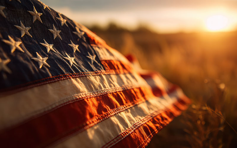 American flag at sunset
